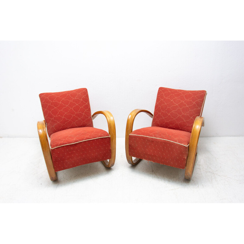 Pair of vintage bentwood lounge chairs "H-269" by Jindrich Halabala, Czech 1930