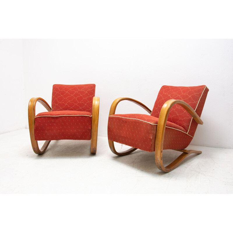 Paire de fauteuils de salon vintage en bois courbé "H-269" par Jindrich Halabala, Tchèque 1930