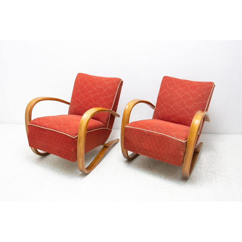 Paar vintage gebogen houten ligstoelen "H-269" van Jindrich Halabala, Tsjechië 1930