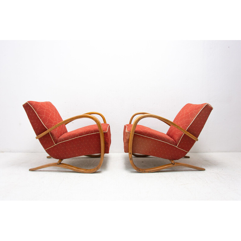Paire de fauteuils de salon vintage en bois courbé "H-269" par Jindrich Halabala, Tchèque 1930