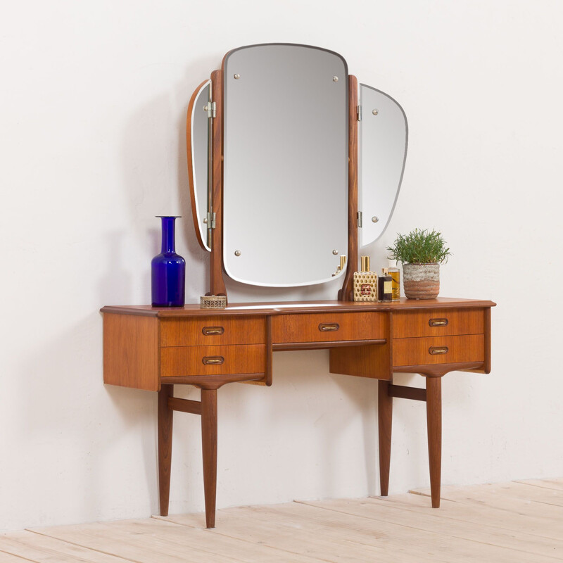 Scandinavian mid century teak vanity with brass handles and adjustable mirror, 1960s