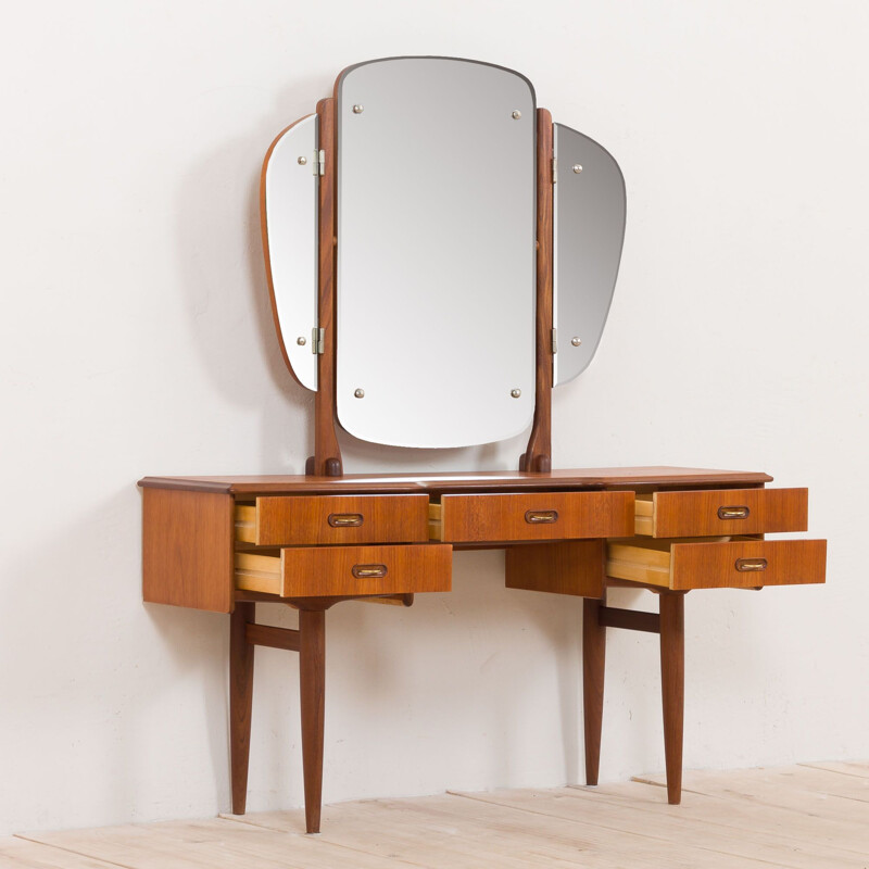 Scandinavian mid century teak vanity with brass handles and adjustable mirror, 1960s