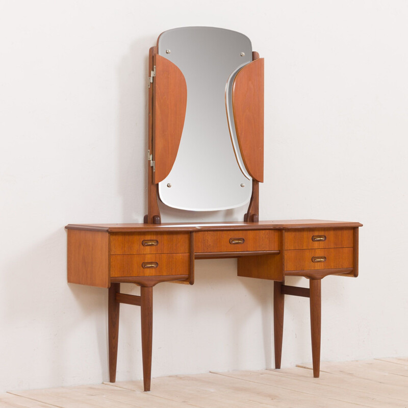 Scandinavian mid century teak vanity with brass handles and adjustable mirror, 1960s