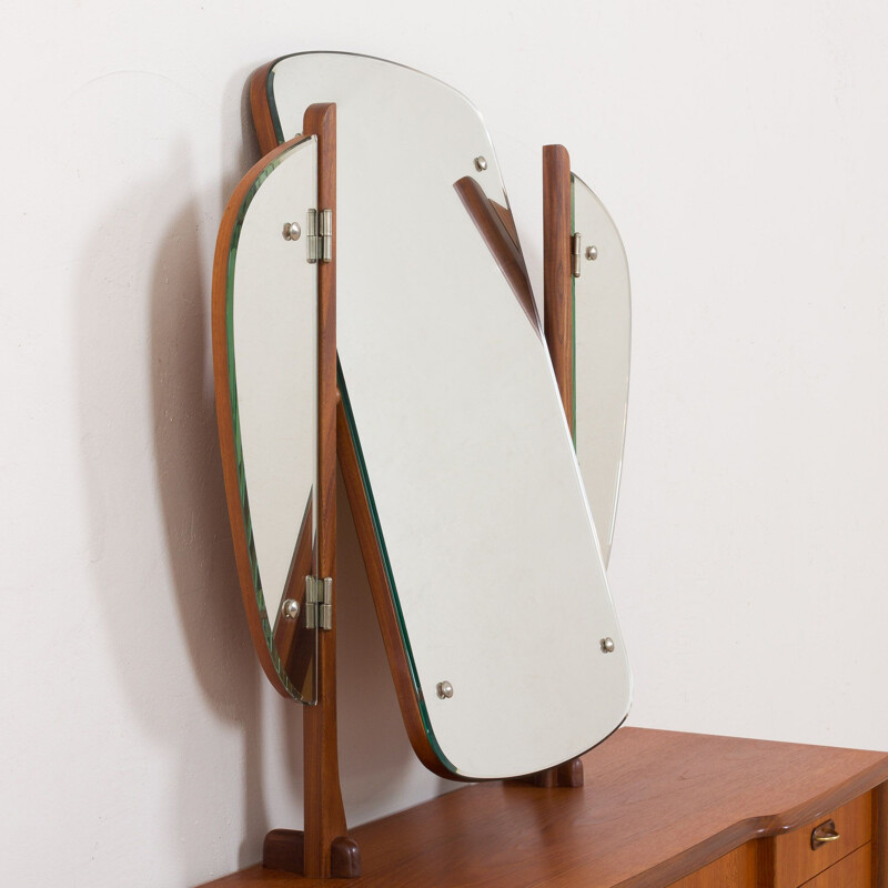 Scandinavian mid century teak vanity with brass handles and adjustable mirror, 1960s