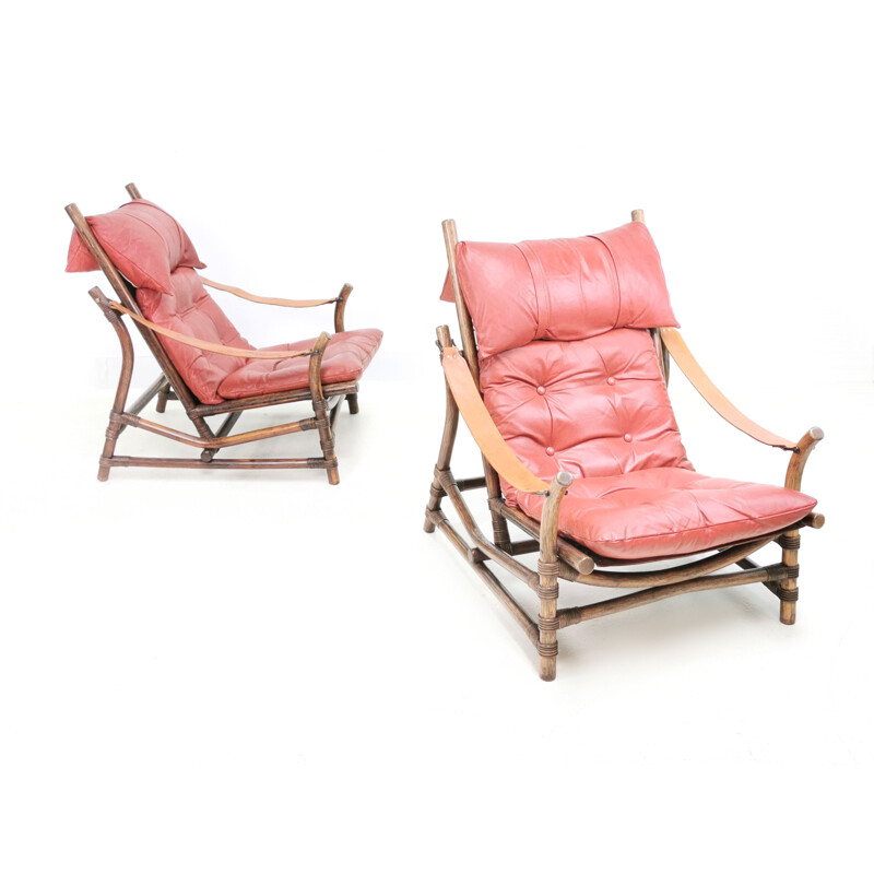 Paire de fauteuils lounge vintage en bambou et cuir, Europe 1960