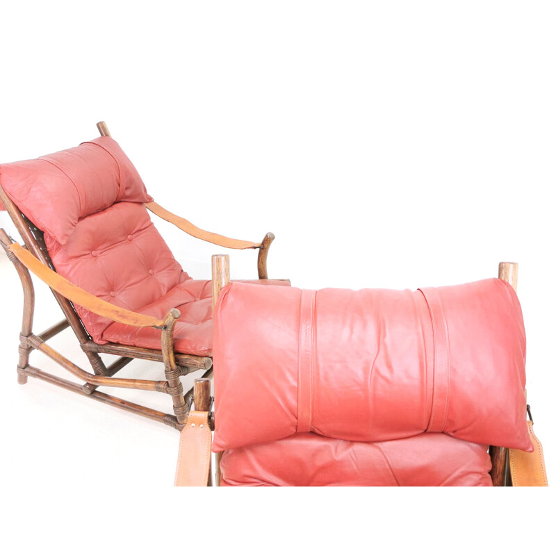 Pair of mid century bamboo & leather lounge chairs, Europe 1960s