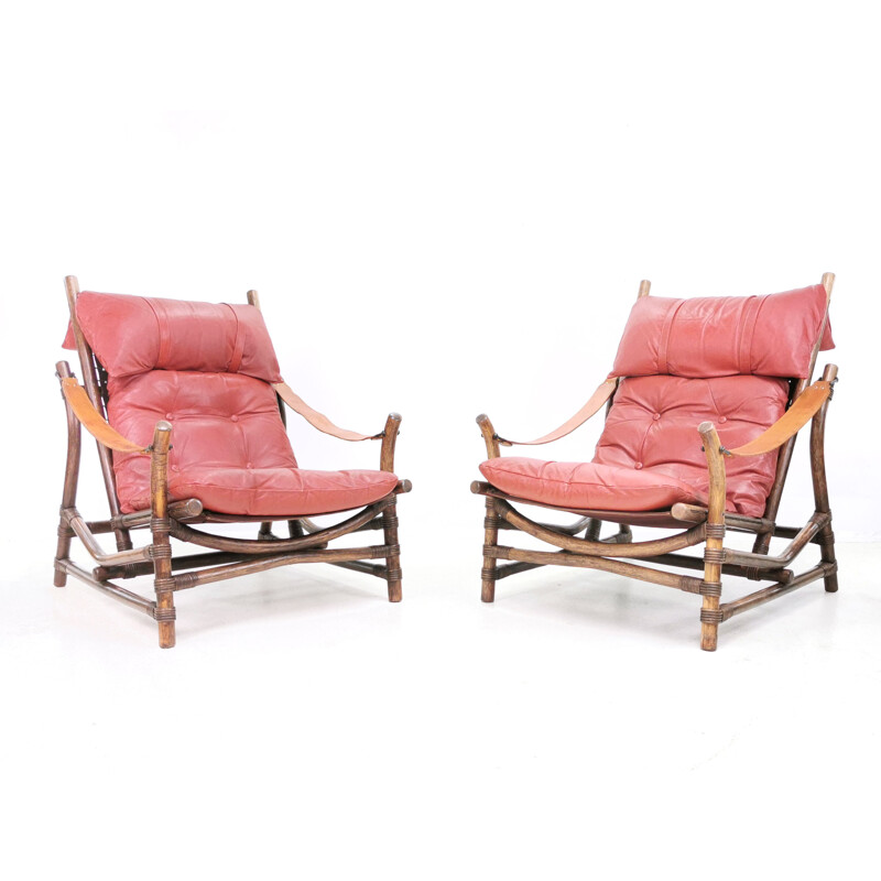 Pair of mid century bamboo & leather lounge chairs, Europe 1960s