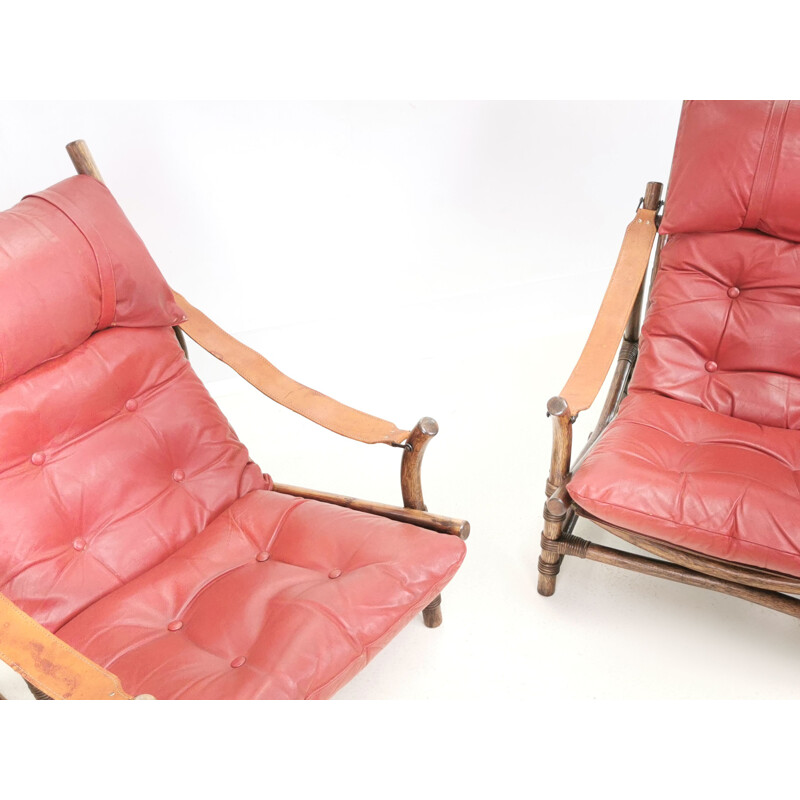 Pair of mid century bamboo & leather lounge chairs, Europe 1960s