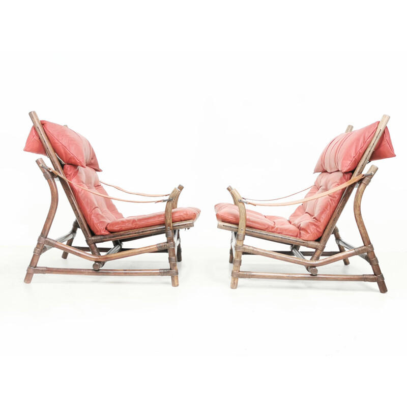 Pair of mid century bamboo & leather lounge chairs, Europe 1960s