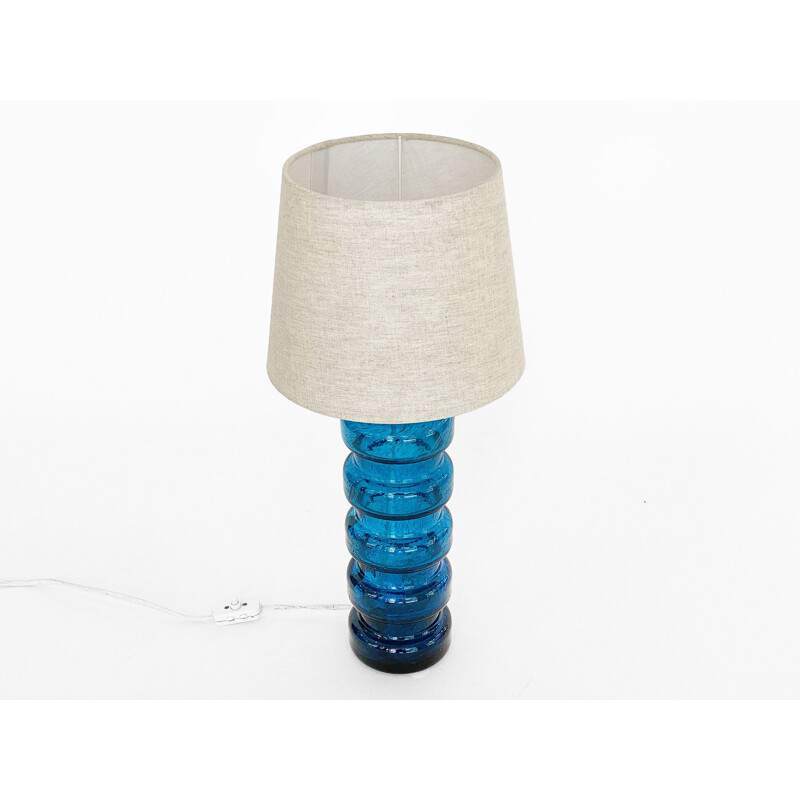 Vintage glass table lamp with linen shade, Sweden 1960s