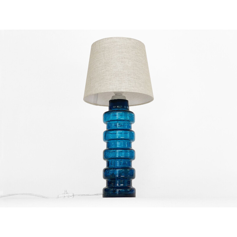 Vintage glass table lamp with linen shade, Sweden 1960s