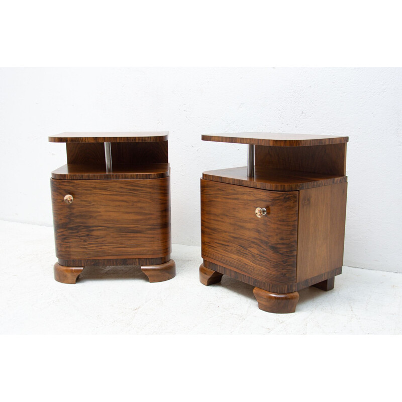 Pair of vintage Art deco bedside tables with chrome element, Czechoslovakia 1930s