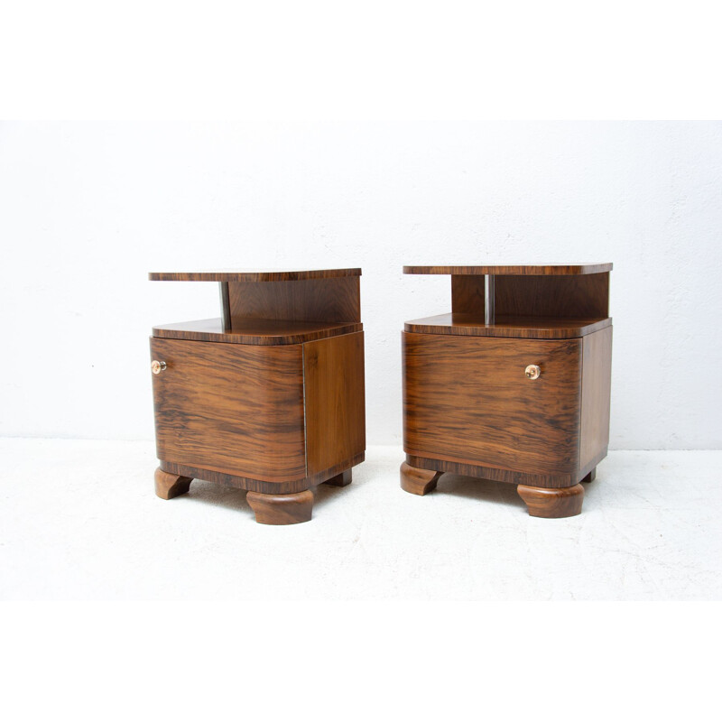 Pair of vintage Art deco bedside tables with chrome element, Czechoslovakia 1930s