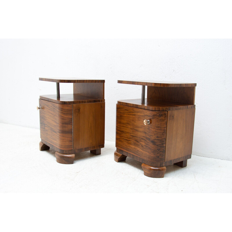 Pair of vintage Art deco bedside tables with chrome element, Czechoslovakia 1930s