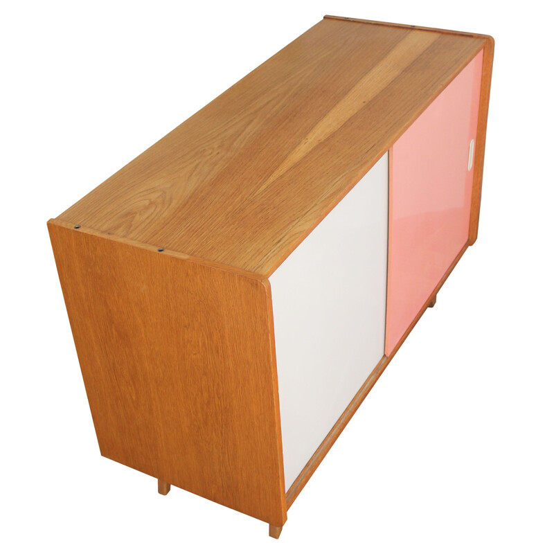 Vintage sideboard with pink and white sliding doors Czechoslovakia 1960s