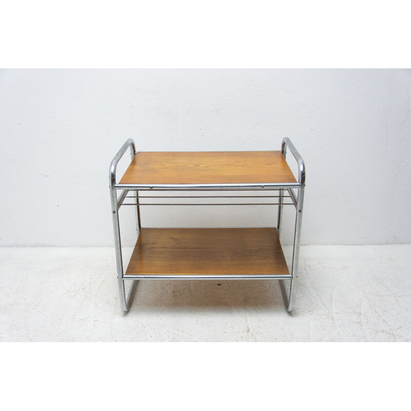 Vintage chrome plated oak side table, Czech 1930