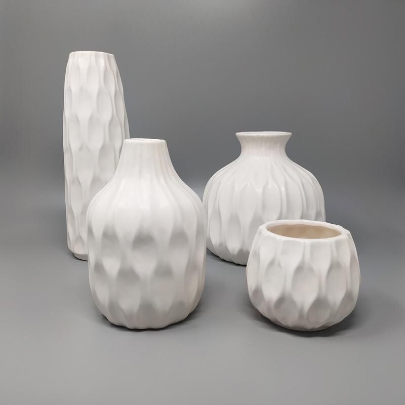 Set of 4 white vases in ceramic vintage, Italy 1970s