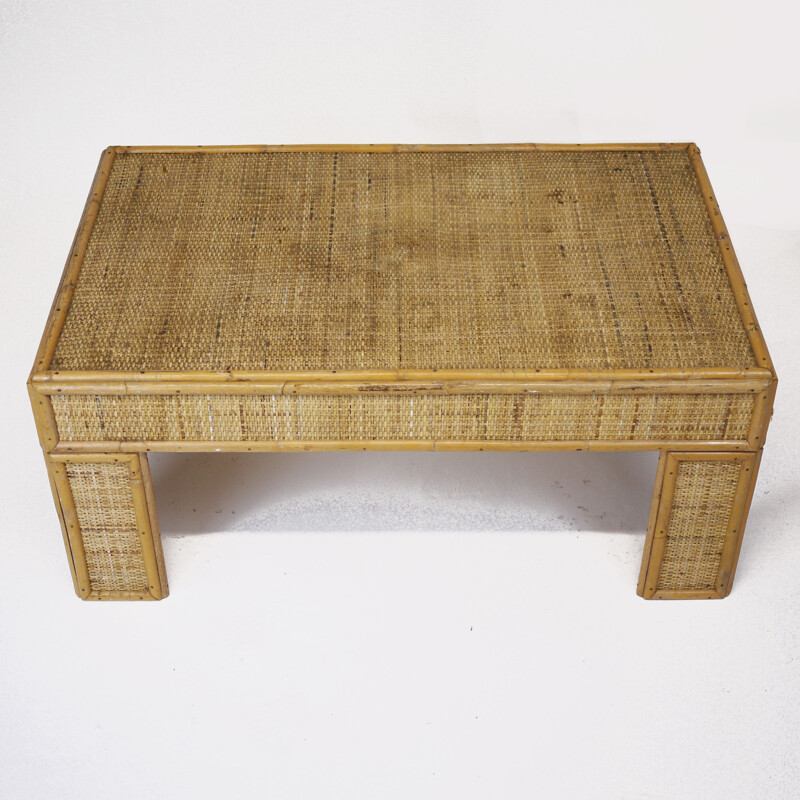 Vintage bamboo and rattan coffee table, France 1970s