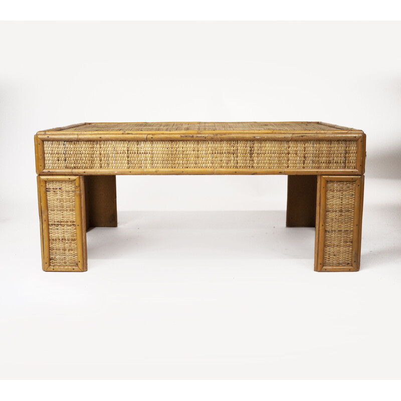 Vintage bamboo and rattan coffee table, France 1970s