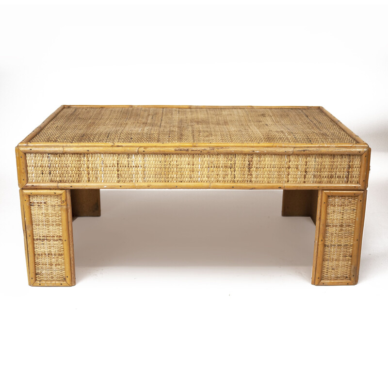 Vintage bamboo and rattan coffee table, France 1970s