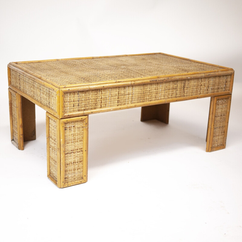 Vintage bamboo and rattan coffee table, France 1970s