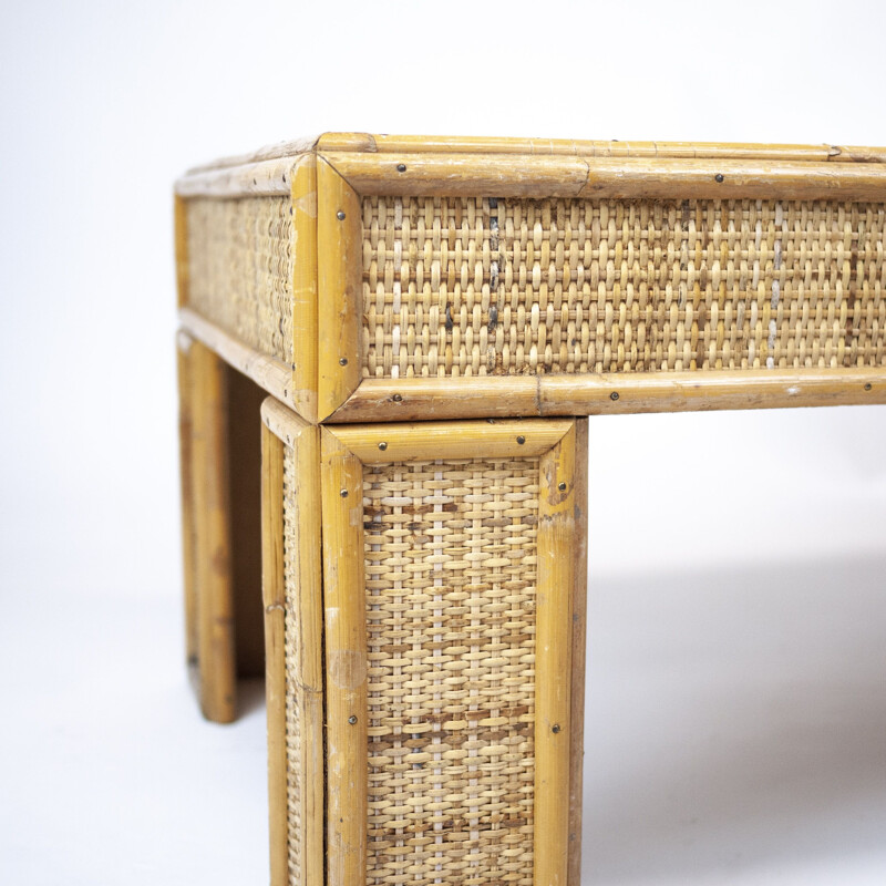 Table basse vintage en bambou et rotin, France 1970