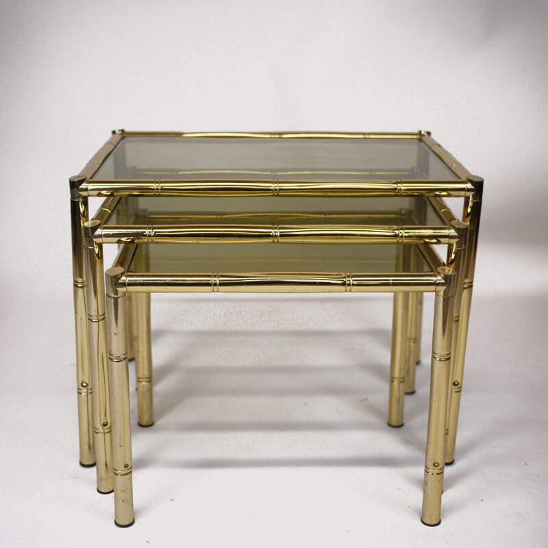Vintage brass plated bamboo nesting tables and smoked glass, France 1970s