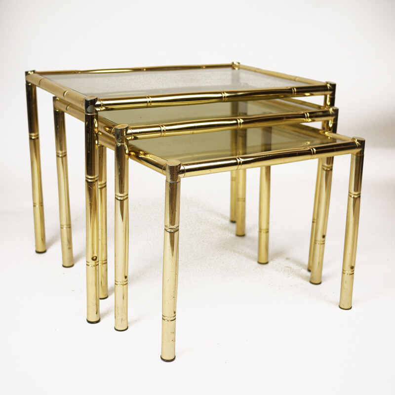 Vintage brass plated bamboo nesting tables and smoked glass, France 1970s