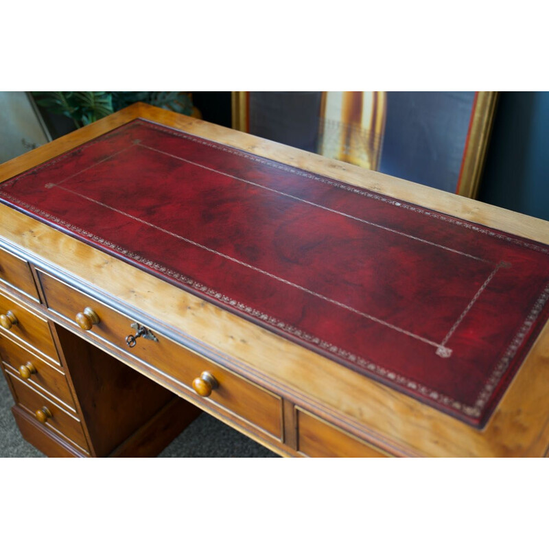 Vintage antique twin pedestal desk in yew wood red leather top