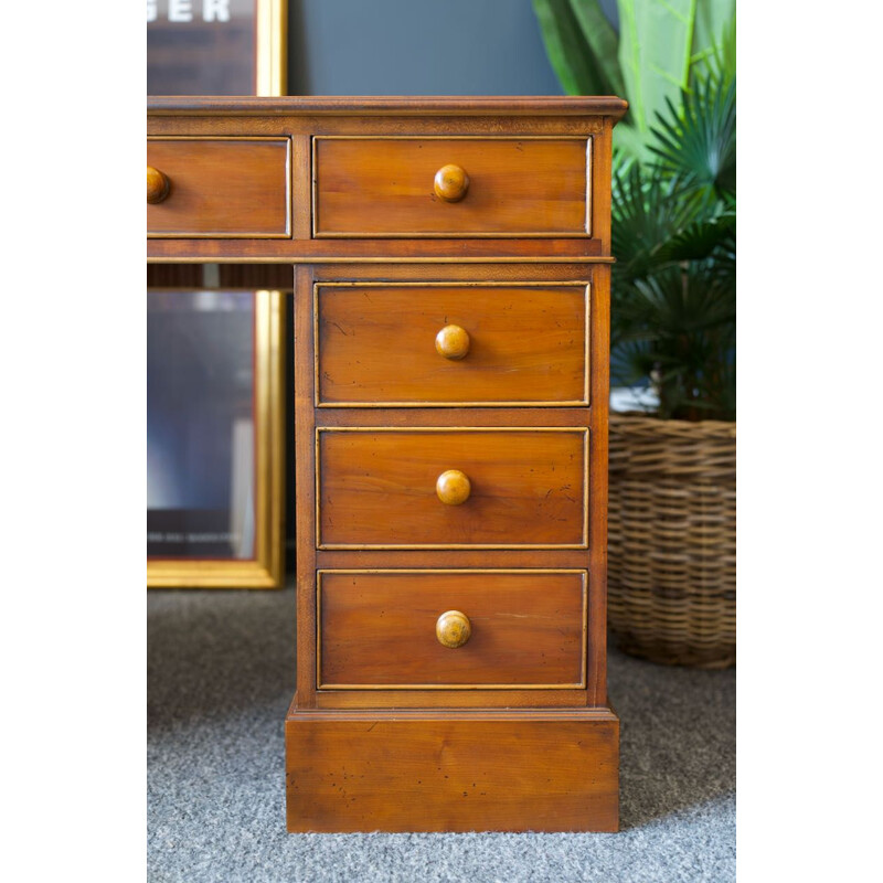 Vintage antique twin pedestal desk in yew wood red leather top