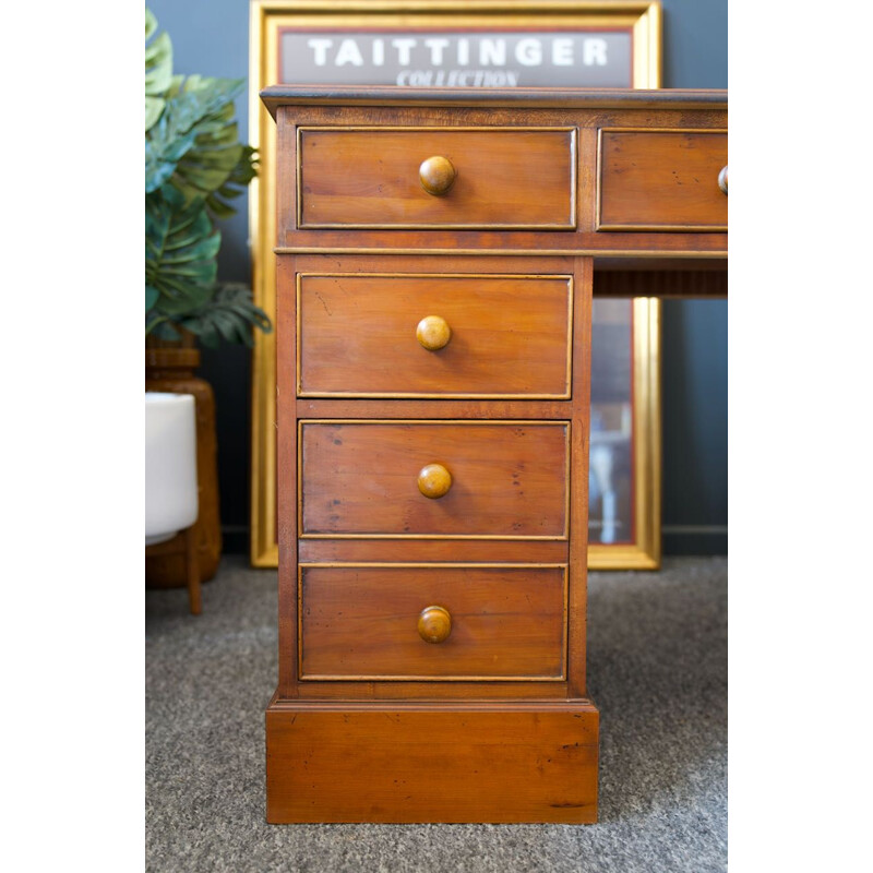 Vintage antique twin pedestal desk in yew wood red leather top