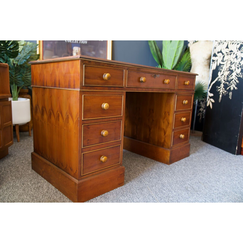 Vintage antique twin pedestal desk in yew wood red leather top