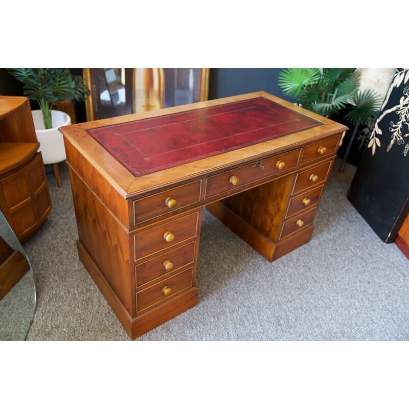 Vintage antique twin pedestal desk in yew wood red leather top