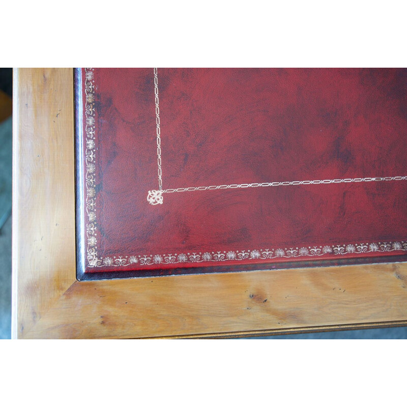 Bureau vintage à deux caissons en bois d'if dessus en cuir rouge