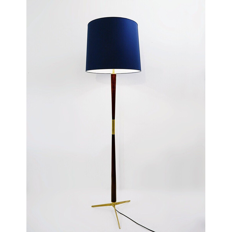 Vintage tripod brass and wood floor lamp, Italy 1950s