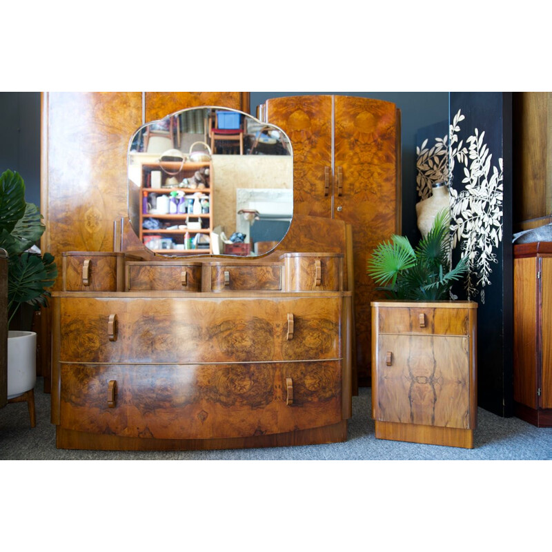 Vintage Art deco walnut bedroom suite wardrobes dressing table bedside cabinet headboard