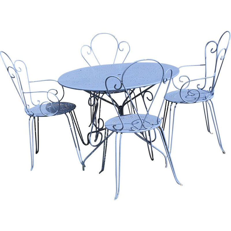 Vintage garden furniture table, armchairs and chairs in wrought iron blue colour