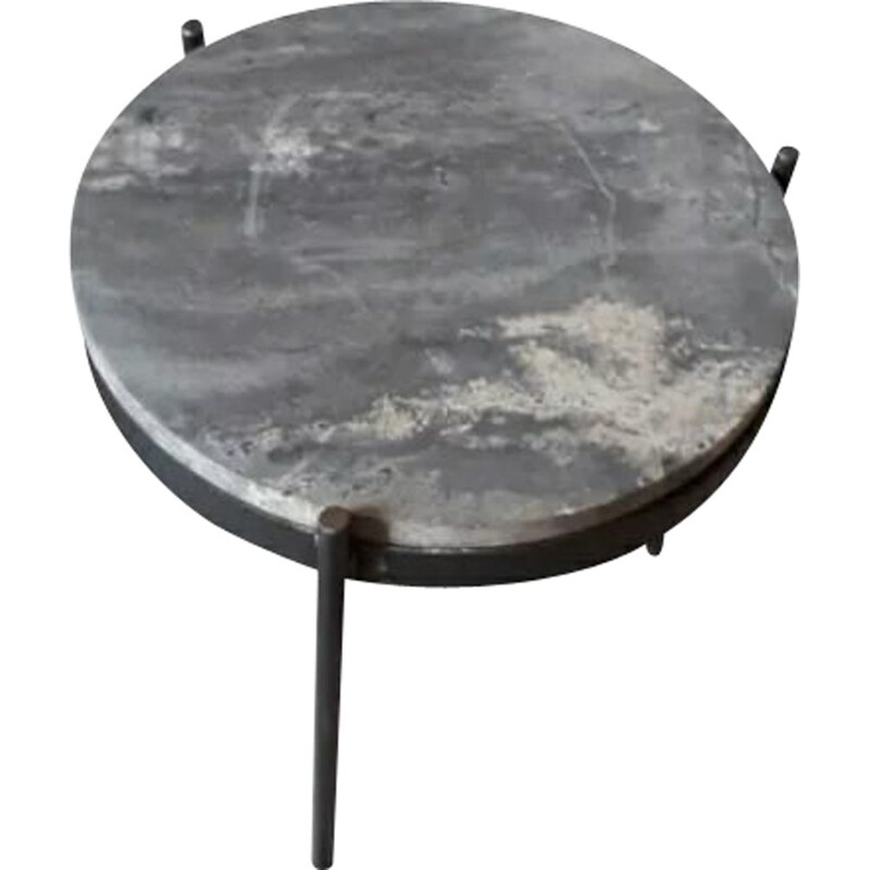 Table d'appoint vintage en métal et marbre travertin 