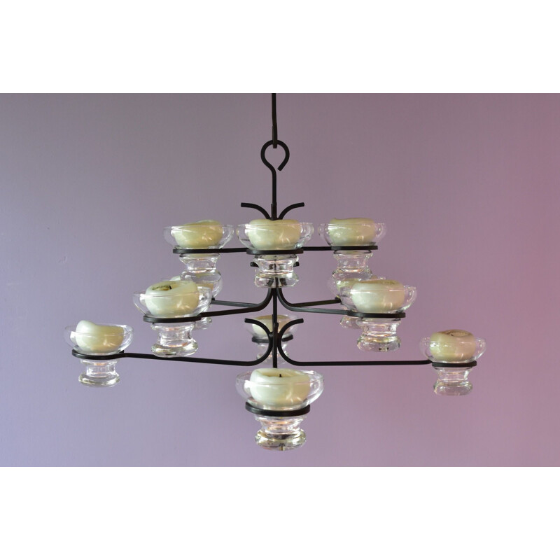 Scandinavian vintage metal and glass chandelier, 1960