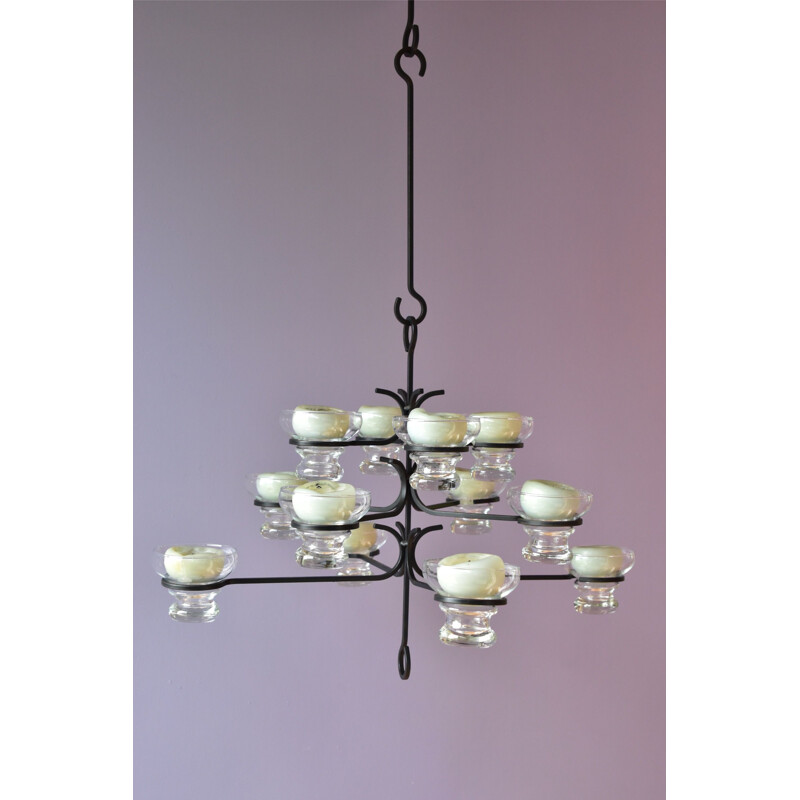 Scandinavian vintage metal and glass chandelier, 1960