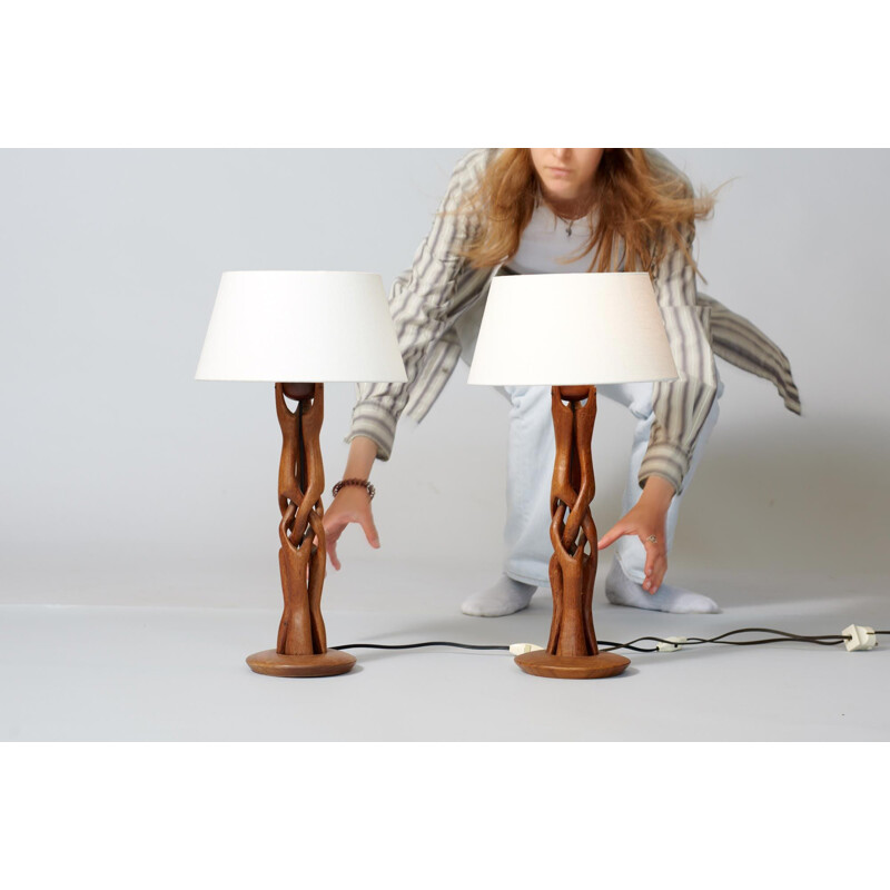 Pair of vintage danish curved teak table lamps