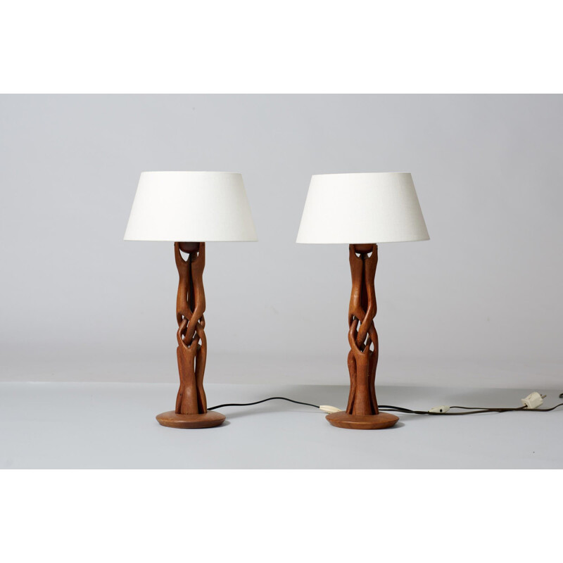 Pair of vintage danish curved teak table lamps