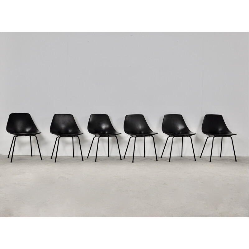 Set of 6 vintage black barrel chairs by Pierre Guariche for Steiner, 1950s