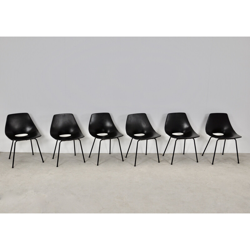 Ensemble de 6 chaises Tonneau vintage noir de Pierre Guariche pour Steiner, 1950