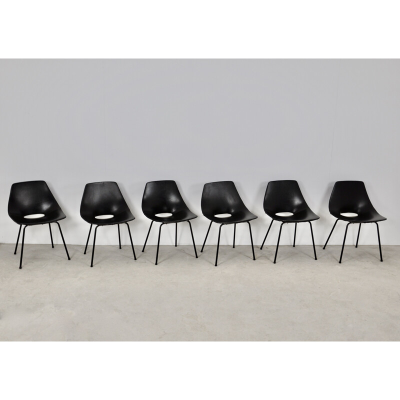 Set of 6 vintage black barrel chairs by Pierre Guariche for Steiner, 1950s