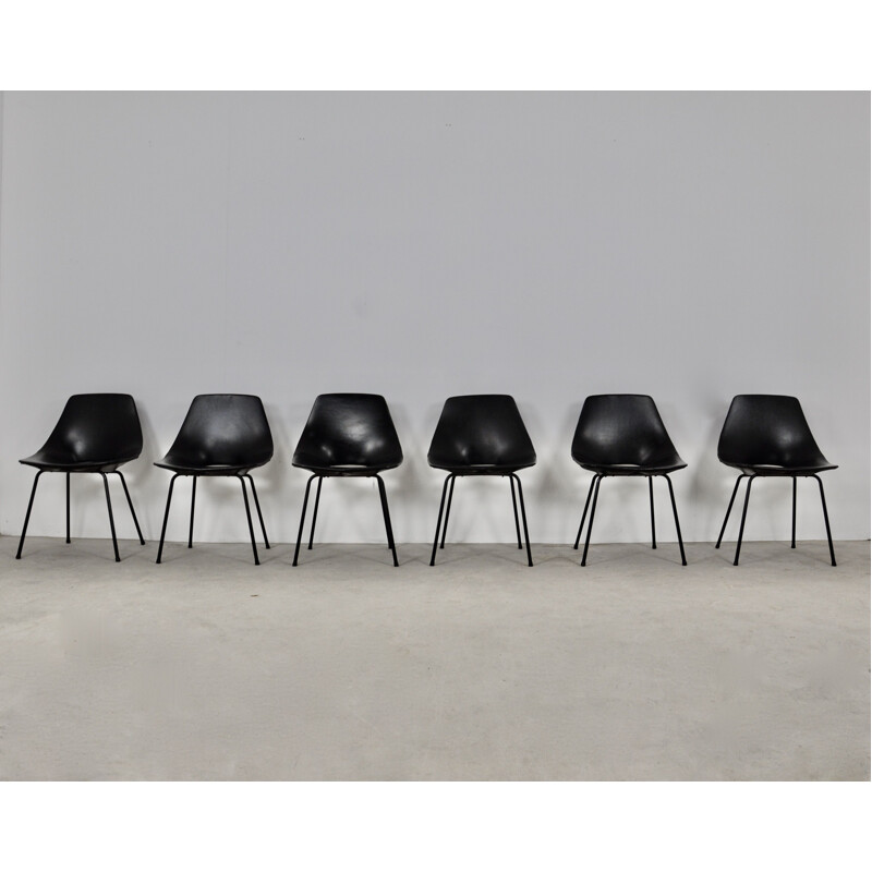 Set of 6 vintage black barrel chairs by Pierre Guariche for Steiner, 1950s