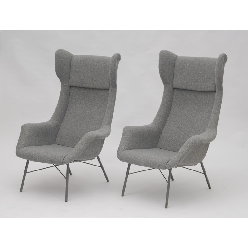 Pair of Ton wingback armchairs in grey fabric, Miroslav NAVRATIL - 1960s