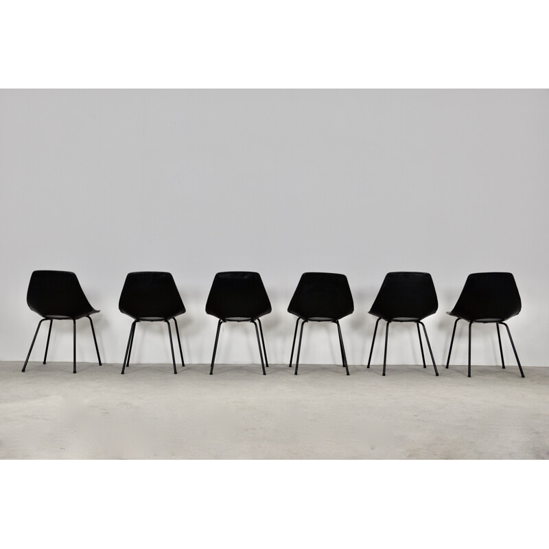 Set of 6 vintage black barrel chairs by Pierre Guariche for Steiner, 1950s