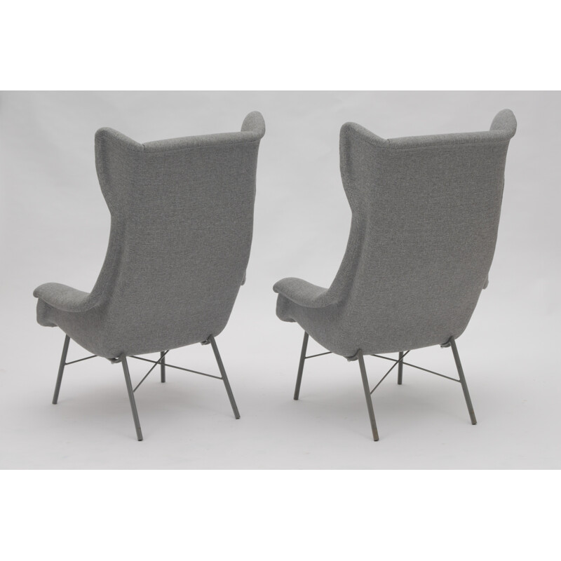 Pair of Ton wingback armchairs in grey fabric, Miroslav NAVRATIL - 1960s