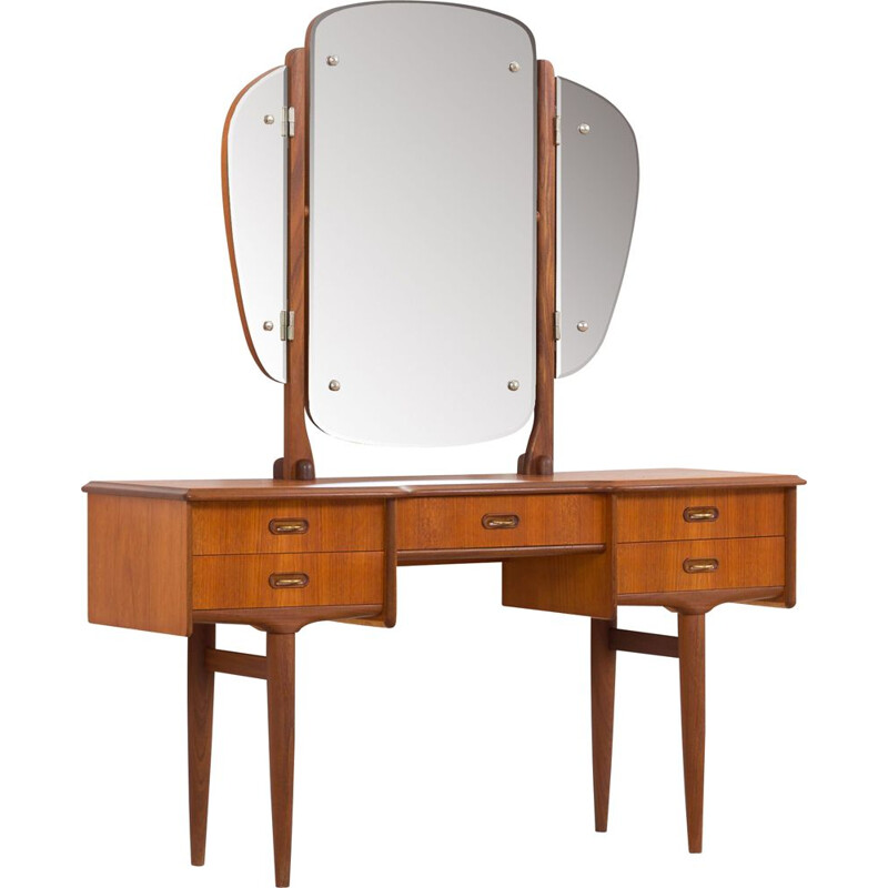 Scandinavian mid century teak vanity with brass handles and adjustable mirror, 1960s